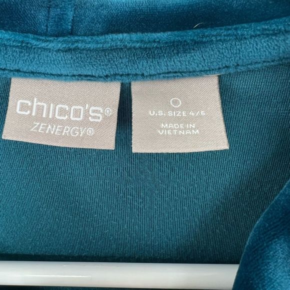 Zynergy by Chicos side snap velour teal size 0 4/5 hooded zip up casual workout - Picture 5 of 6